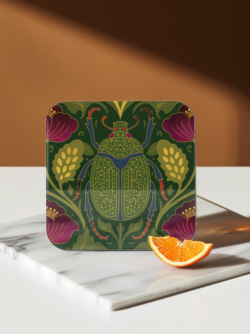 Set of 4 square Dark Academia Scarab Beetle Coasters, featuring detailed Gothic Botanical insect art prints in deep jewel tones. The hardboard coasters have a glossy finish and protective cork base. Premium Entomology Decor.